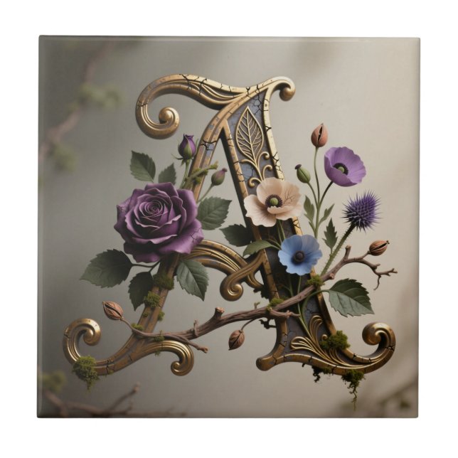 Antique Floral Gold Letter A Monogram Ceramic Tile (Front)