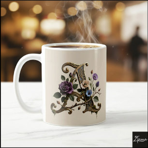 Antique Floral Gold Letter A Monogram Coffee Mug
