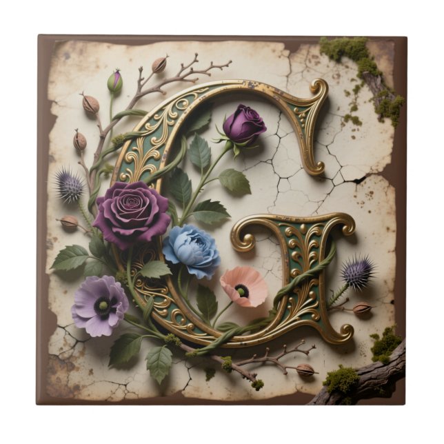 Antique Floral Gold Letter G Monogram Ceramic Tile (Front)