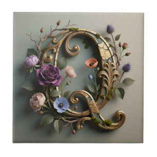 Antique Floral Gold Letter Q Monogram Ceramic Tile