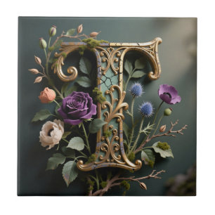 Antique Floral Gold Letter T Monogram Ceramic Tile