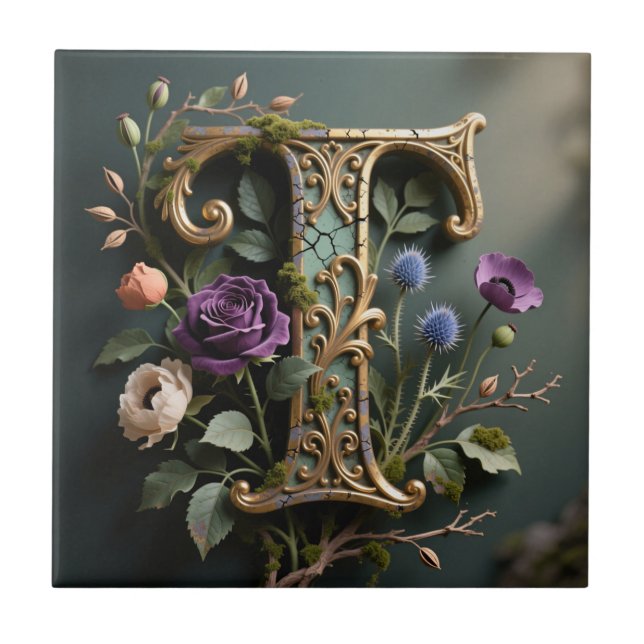 Antique Floral Gold Letter T Monogram Ceramic Tile (Front)