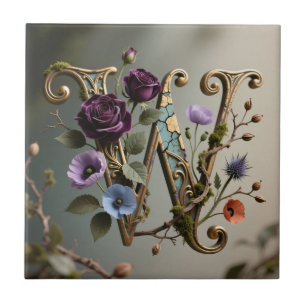 Antique Floral Gold Letter W Monogram Ceramic Tile