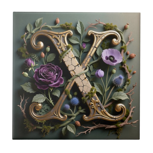 Antique Floral Gold Letter X Monogram Ceramic Tile (Front)