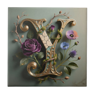 Antique Floral Gold Letter Y Monogram Ceramic Tile