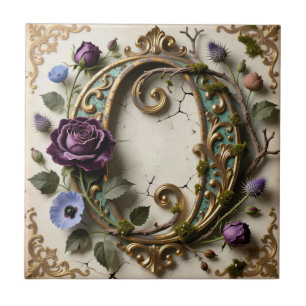 Antique Floral Gold Patina Letter O Ceramic Tile