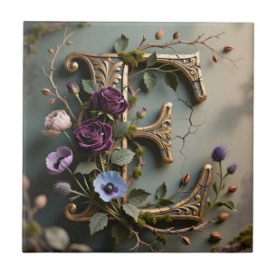 Antique Floral Gold Teal Letter E Ceramic Tile