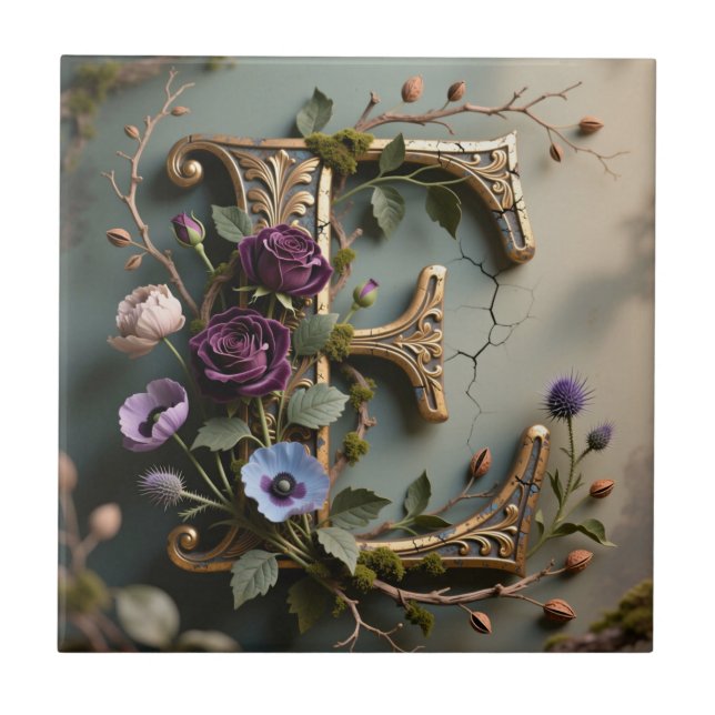 Antique Floral Gold Teal Letter E Ceramic Tile (Front)