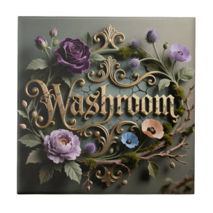 Antique Floral Gold Washroom Word Sign Ceramic Tile