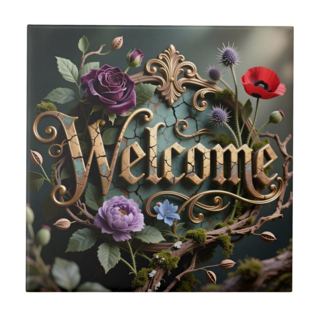 Antique Floral Gold Welcome Dark Sign Ceramic Tile (Front)