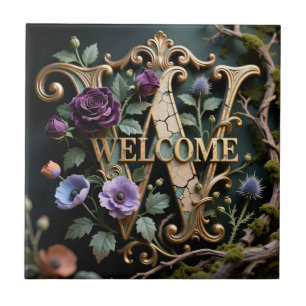 Antique Floral Gold Welcome Letter W Ceramic Tile