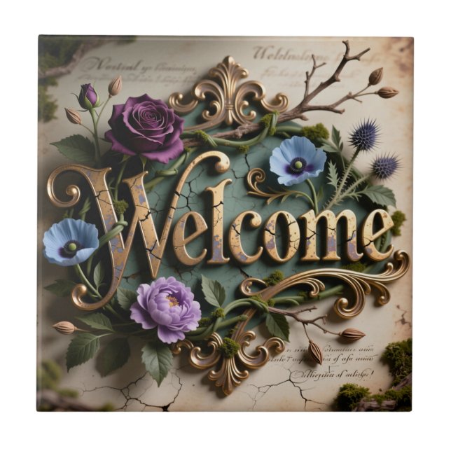 Antique Floral Gold Welcome Round Sign Ceramic Tile (Front)