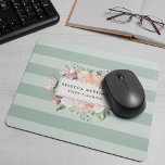 Antique Floral Logo | Sage Stripe Mouse Pad<br><div class="desc">Elegant floral logo mousepad design features your name and/or business name framed by a border of lush watercolor flowers in blush pink,  sage green,  peach and cream,  on a tone on tone sage green stripe background.</div>