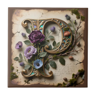 Antique Floral Opalescent Letter P Monogram Ceramic Tile