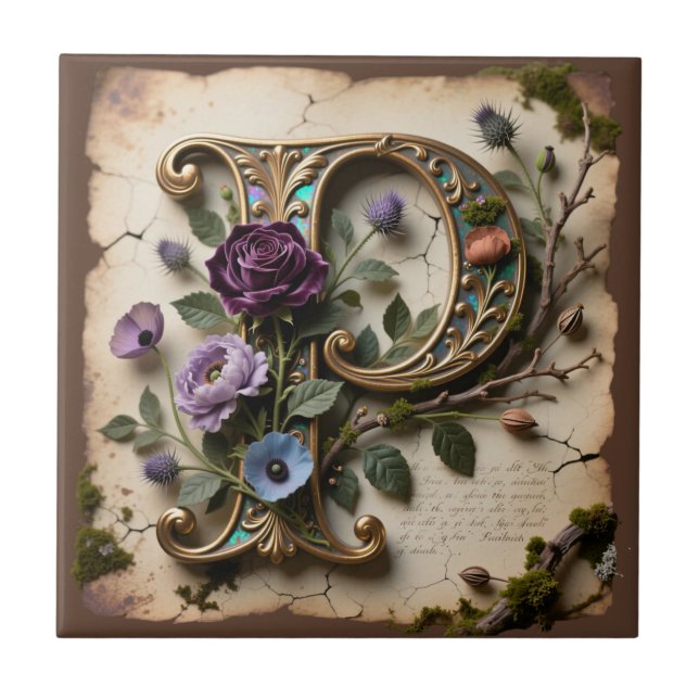 Antique Floral Opalescent Letter P Monogram Ceramic Tile (Front)