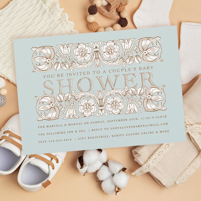 Antique Floral Ornaments Blue Baby Shower Invitation (Creator Uploaded)