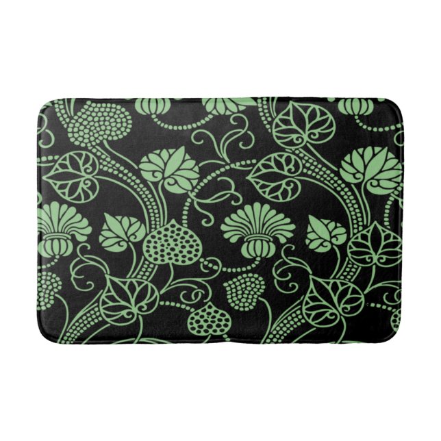 Antique Floral Pattern Black and Green Bath Mat (Front)