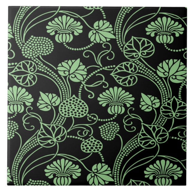 Antique Floral Pattern Black and Green Ceramic Tile (Front)