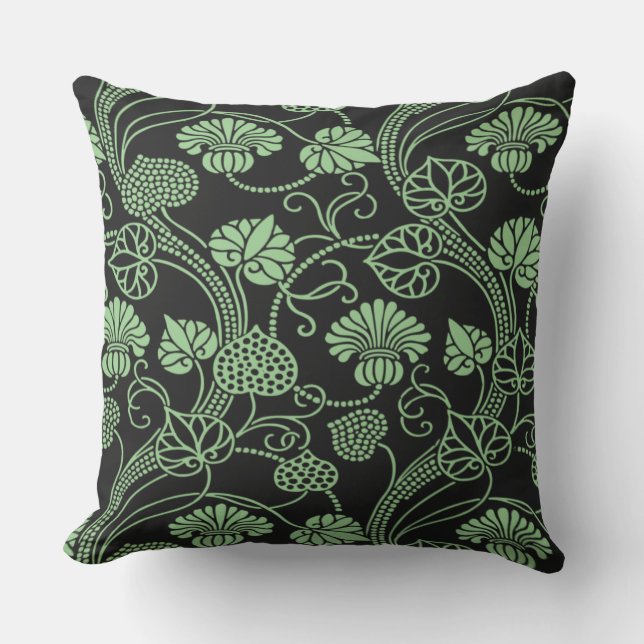 Antique Floral Pattern Black and Green Cushion (Front)