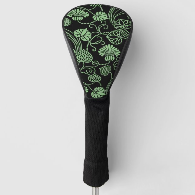 Antique Floral Pattern Black and Green Golf Head Cover (Front)