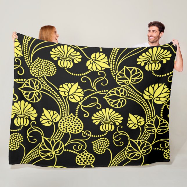 Antique Floral Pattern Black and Yellow Fleece Blanket (In Situ)