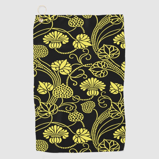Antique Floral Pattern Black and Yellow Golf Towel (Front)