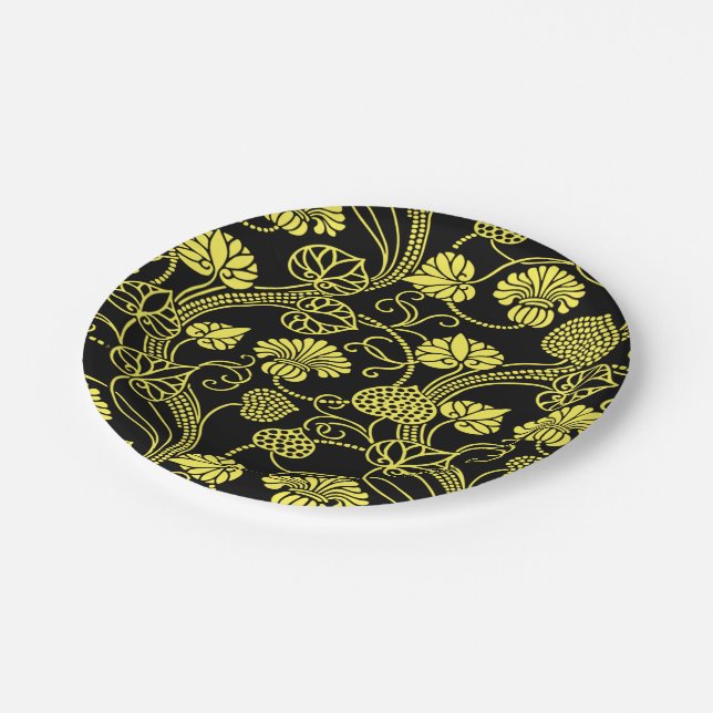 Antique Floral Pattern Black and Yellow Paper Plate (Angled)