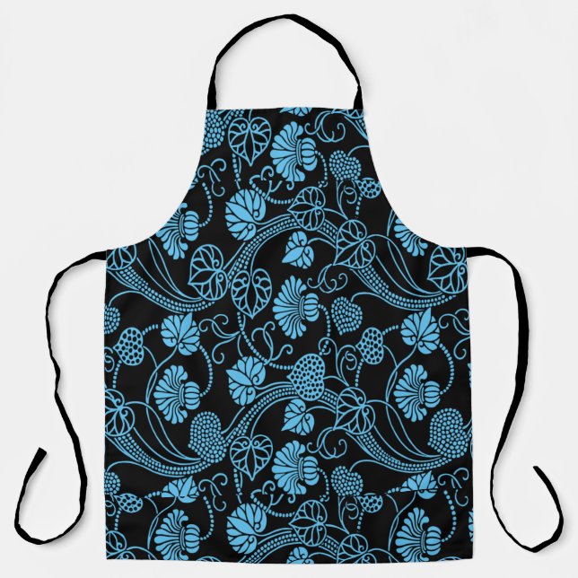 Antique Floral Pattern Black on Blue Apron (Front)