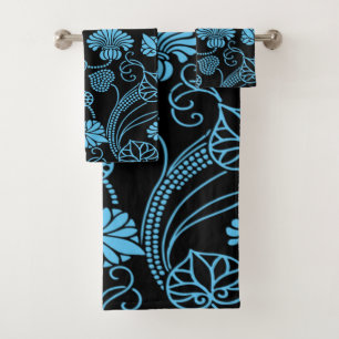 Antique Floral Pattern Black on Blue Bath Towel Set