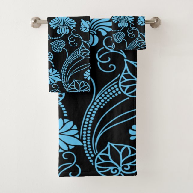 Antique Floral Pattern Black on Blue Bath Towel Set (Insitu)