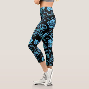 Antique Floral Pattern Black on Blue Capri Leggings