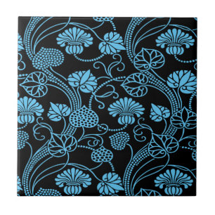 Antique Floral Pattern Black on Blue Ceramic Tile