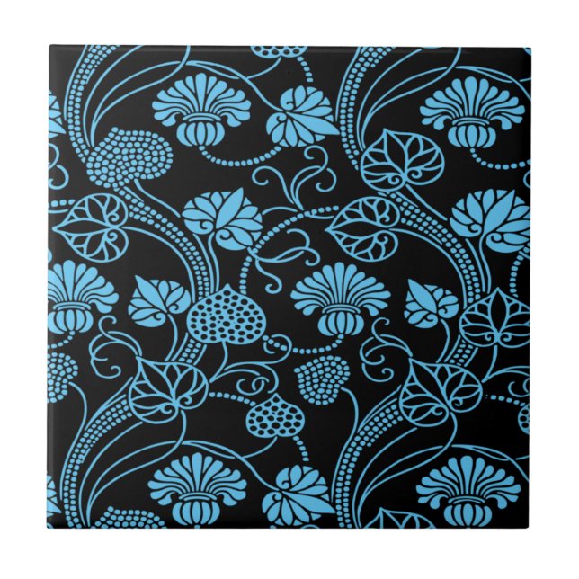 Antique Floral Pattern Black on Blue Ceramic Tile (Front)