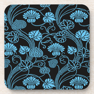 Antique Floral Pattern Black on Blue Coaster