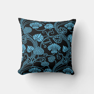 Antique Floral Pattern Black on Blue Cushion