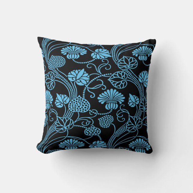 Antique Floral Pattern Black on Blue Cushion (Front)