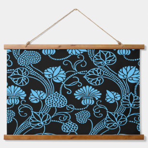 Antique Floral Pattern Black on Blue Hanging Tapestry