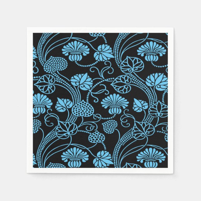 Antique Floral Pattern Black on Blue Napkin (Front)