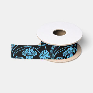 Antique Floral Pattern Black on Blue Satin Ribbon