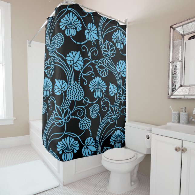 Antique Floral Pattern Black on Blue Shower Curtain (In Situ)