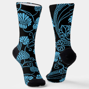 Antique Floral Pattern Black on Blue Socks