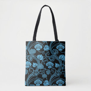 Antique Floral Pattern Black on Blue Tote Bag