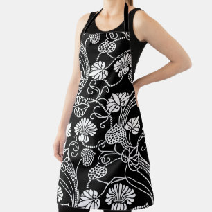 Antique Floral Pattern Black on White Apron