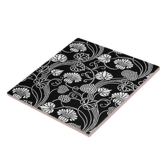 Antique Floral Pattern Black on White Ceramic Tile (Side)