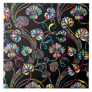 Antique Floral Pattern Multi Colour on Black Ceramic Tile