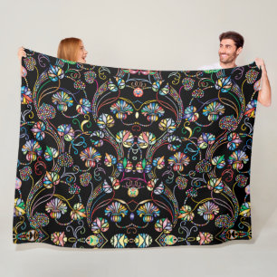 Antique Floral Pattern Multi Colour on Black  Fleece Blanket