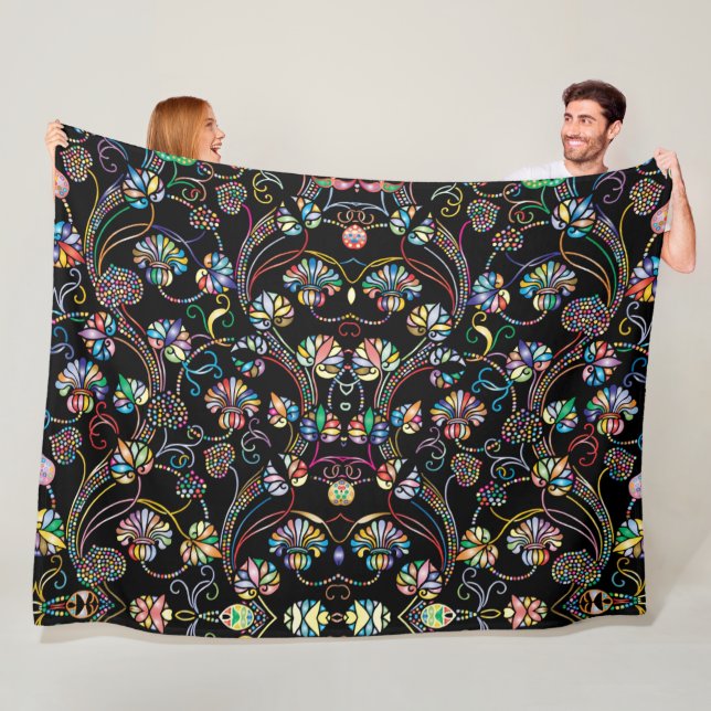 Antique Floral Pattern Multi Colour on Black  Fleece Blanket (In Situ)