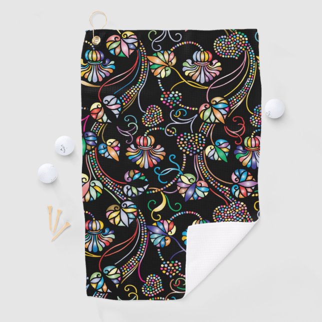 Antique Floral Pattern Multi Colour on Black  Golf Towel (InSitu)