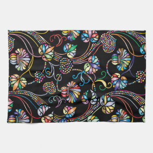 Antique Floral Pattern Multi Colour on Black Tea Towel