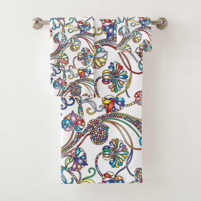 Antique Floral Pattern Multi Colour on White Bath Towel Set (Insitu)